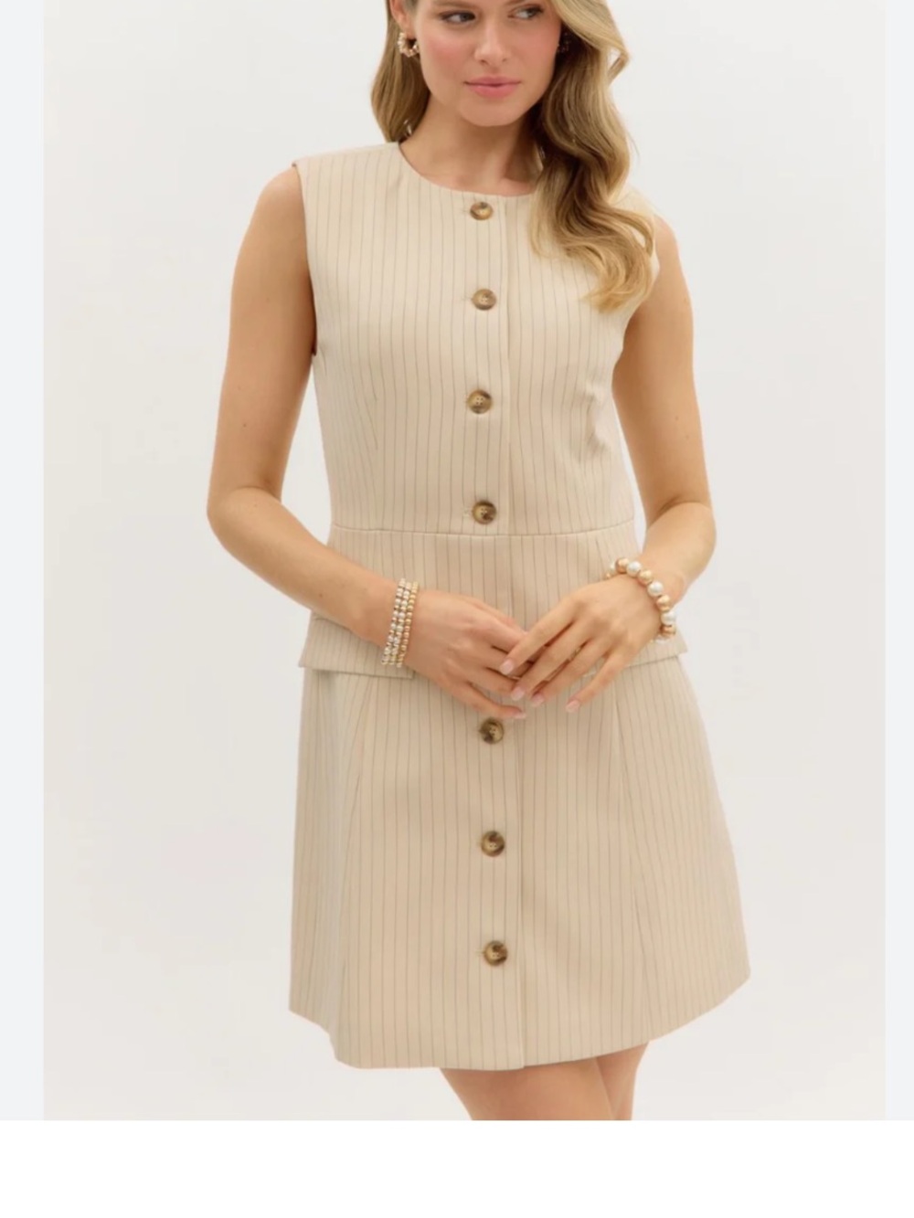 New Beige Pinstripe Sleeveless Button-Front Waistcoat Tailored Mini Dress
